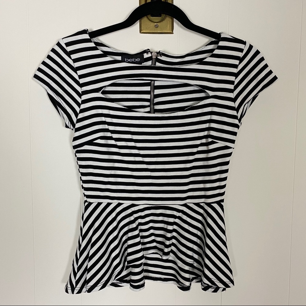 Bebe peplum cutout black & white stripes zipper xs